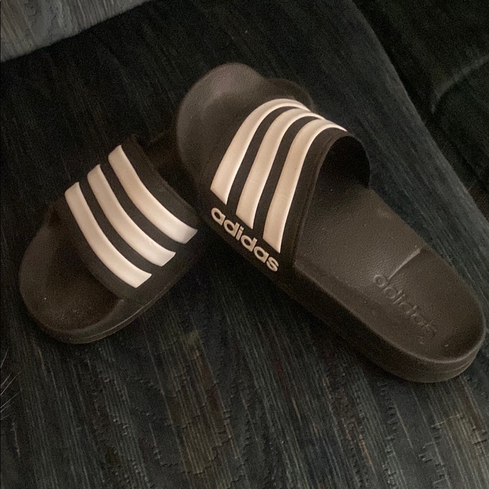 Adidas Black Slides with White Stripes